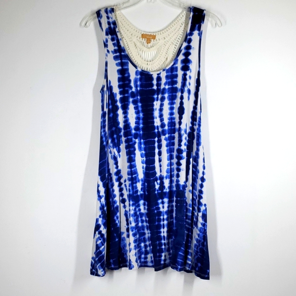 Takara Boho Tie Dye Embroidered Blue White Mini Dress S EUC